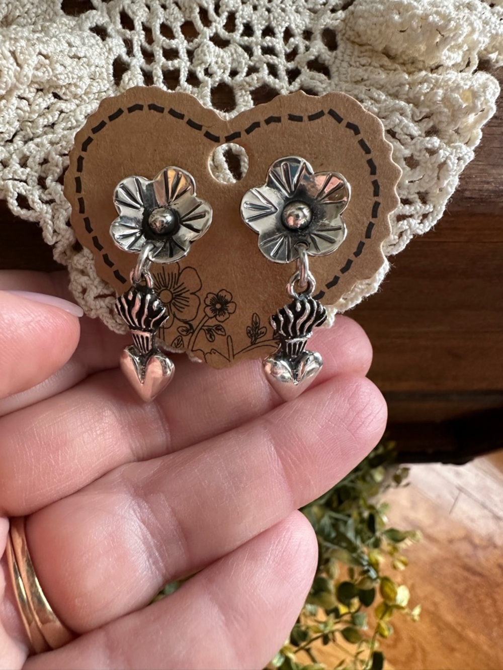 Sterling Silver Taxco  Floral Heart Drop Earrings -